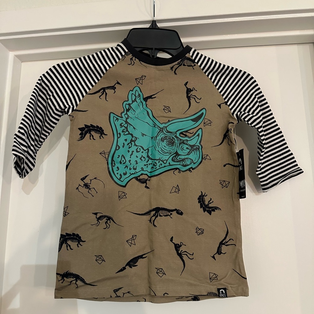 RAGS Striped Sleeve Dinosaur Graphic Shirt